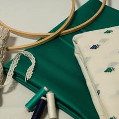 Cream Colour Cotton Embroidered Fabric with Lace and Green Colour Glaze Cotton Fabric DIY Set