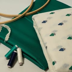 Cream Colour Cotton Embroidered Fabric with Lace and Green Colour Glaze Cotton Fabric DIY Set