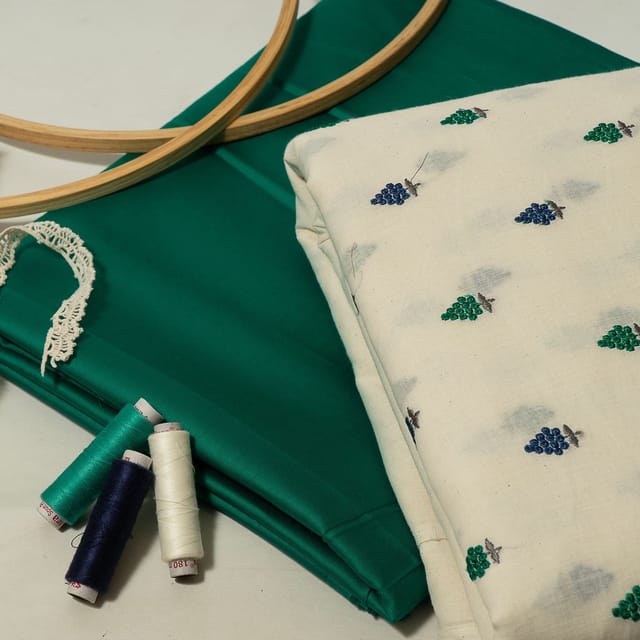 Cream Colour Cotton Embroidered Fabric with Lace and Green Colour Glaze Cotton Fabric DIY Set