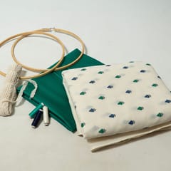 Cream Colour Cotton Embroidered Fabric with Lace and Green Colour Glaze Cotton Fabric DIY Set