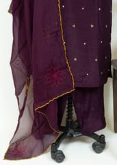 Wine Colour Dola Silk Embroidered Shirt with Dola Silk Pant and Viscose Organza Embroidered Dupatta