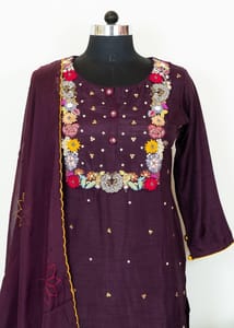 Wine Colour Dola Silk Embroidered Shirt with Dola Silk Pant and Viscose Organza Embroidered Dupatta