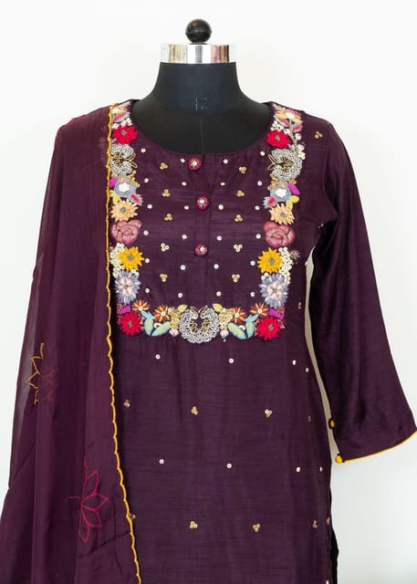 Wine Colour Dola Silk Embroidered Shirt with Dola Silk Pant and Viscose Organza Embroidered Dupatta