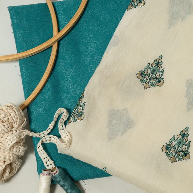 Cream Colour Cotton Embroidered Fabric with Lace and Green Colour Cotton Jacquard Fabric DIY Set