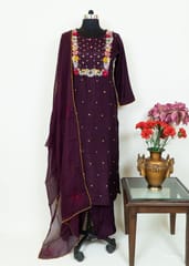 Wine Colour Dola Silk Embroidered Shirt with Dola Silk Pant and Viscose Organza Embroidered Dupatta