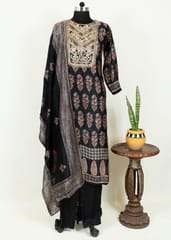 Black Colour Dola Silk Printed and Embroidered Shirt with Dola Silk Pant and Dola Silk Dupatta