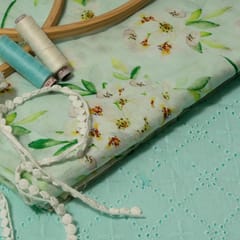 Sky Blue Colour Cotton Chikan Fabric with Lace and Multi Colour Chanderi Printed Fabric DIY Set