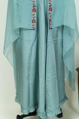 Sage Green Colour Viscose Organza Jacket with Dola Silk Embroidered Blouse and Dola Silk Skirt