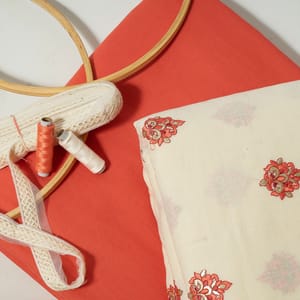 Cream Colour Cotton Embroidered Fabric with Lace and Orange Colour Cotton Flex Fabric DIY Set