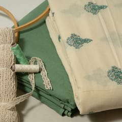 Cream Colour Cotton Embroidered Fabric with Lace and Green Colour Cotton Flex Fabric DIY Set