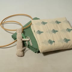 Cream Colour Cotton Embroidered Fabric with Lace and Green Colour Cotton Flex Fabric DIY Set