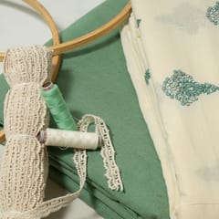 Cream Colour Cotton Embroidered Fabric with Lace and Green Colour Cotton Flex Fabric DIY Set