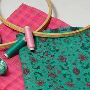 Pink Colour Checks Fabric with Lace and Multi Colour Cotton Printed Fabric DIY Set