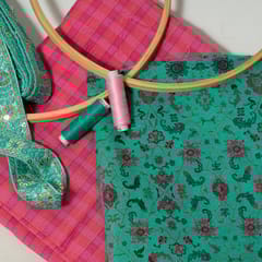 Pink Colour Checks Fabric with Lace and Multi Colour Cotton Printed Fabric DIY Set