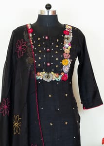 Black Colour Dola Silk Embroidered Shirt with Dola Silk Pant and Viscose Organza Embroidered Dupatta