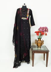 Black Colour Dola Silk Embroidered Shirt with Dola Silk Pant and Viscose Organza Embroidered Dupatta