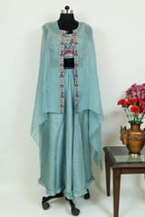 Sage Green Colour Viscose Organza Jacket with Dola Silk Embroidered Blouse and Dola Silk Skirt