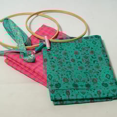 Pink Colour Checks Fabric with Lace and Multi Colour Cotton Printed Fabric DIY Set