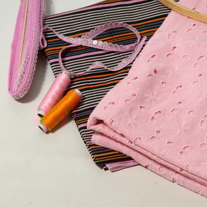Pink Colour Cotton Chikan Fabric with Lace and Multi Colour Cotton Printed Fabric DIY Set