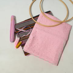 Pink Colour Cotton Chikan Fabric with Lace and Multi Colour Cotton Printed Fabric DIY Set