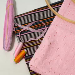 Pink Colour Cotton Chikan Fabric with Lace and Multi Colour Cotton Printed Fabric DIY Set
