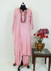 Pink Colour Muslin Embroidered Shirt With Muslin Embroidered Bottom And Chiffon Dupatta