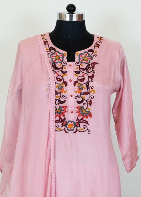 Pink Colour Muslin Embroidered Shirt With Muslin Embroidered Bottom And Chiffon Dupatta