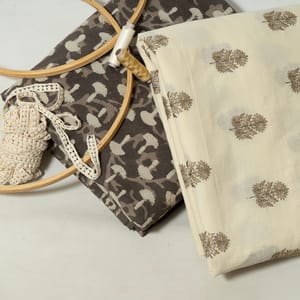 Cream Colour Cotton Embroidered Fabric with Lace and Brown Colour Cotton Printed Fabric DIY Set
