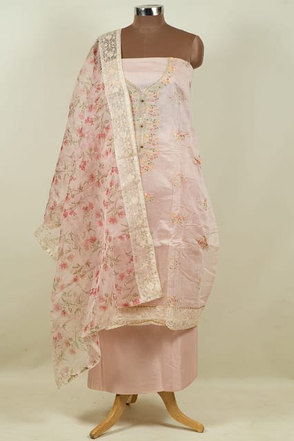Baby Pink Colour Chanderi Embroidered Shirt with Bottom and Chanderi Print with Embroidered Dupatta
