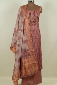 Onion Pink Colour Tissue Chanderi  Hand Embroidered Shirt with Bottom and Chanderi Printed Dupatta