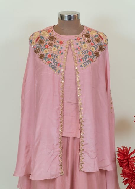 Pink Colour Muslin Embroidered Top with Dola Silk Plazzo