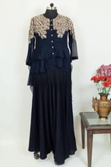 Blue Colour Georgette Embroidered Shirt With Rayon Garara