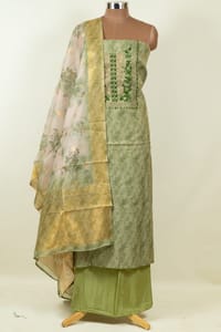 Green Colour Tissue Chanderi Hand Embroidered Shirt with Bottom and Chanderi Printed Dupatta