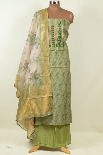 Green Colour Tissue Chanderi Hand Embroidered Shirt with Bottom and Chanderi Printed Dupatta
