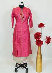 Majenta Colour Chanderi Embroidered Shirt With Cotton Printed Lower