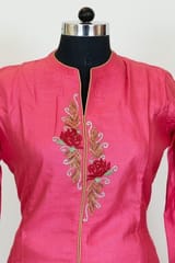 Majenta Colour Chanderi Embroidered Shirt With Cotton Printed Lower