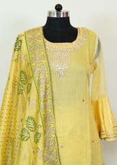 Lemon Colour Embroidered Chanderi Shirt Printed Sharara Suit Set With Printed Chanderi Dupatta