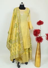Lemon Colour Embroidered Chanderi Shirt Printed Sharara Suit Set With Printed Chanderi Dupatta