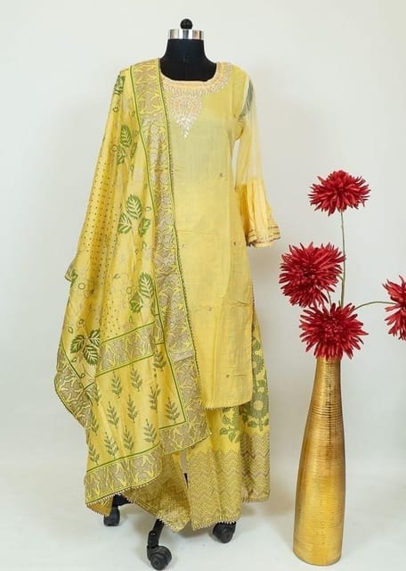 Lemon Colour Embroidered Chanderi Shirt Printed Sharara Suit Set With Printed Chanderi Dupatta