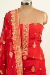 Red Colour Viscose Organza Banarsi hand Embroidered Shirt with Bottom and Banarsi Organza Dupatta