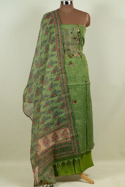 Green Colour Tissue Chanderi Hand Embroidered Shirt with Bottom and Chanderi Printed Dupatta
