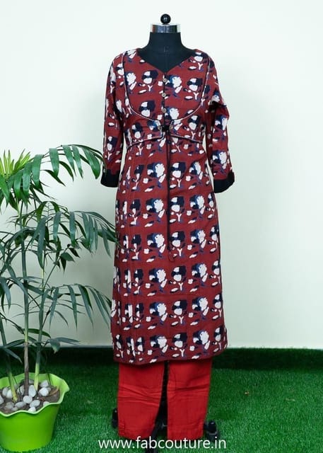 Maroon Colour Stitched Cotton Kurti With Cotton Pant