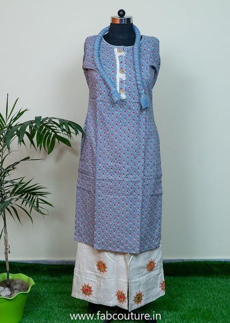Hand Block Cotton Printed Suit With Cotton Embroidered Bottom And Cotton Dupatta Stitched Suit Set