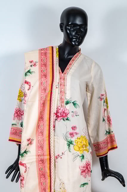 Cream Color Cotton Printed Shirt with Cotton Pant and Cotton Printed Dupatta