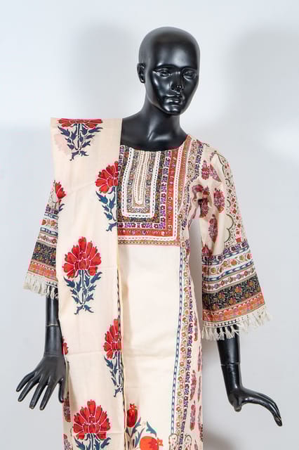 Cream Color Cotton Print with Embroidered Shirt with Cotton Pant and Cotton Printed Dupatta