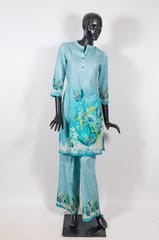 Sky Blue Color Cotton Print with Embroidered Dupatta and Cotton Printed Palazzo Co-ord Set