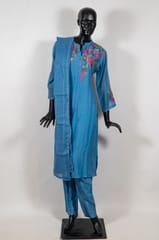 Sky Blue Color Mal Chanderi Kantha Embroidered Shirt with Shantoon Pant and Kota Doria Dupatta