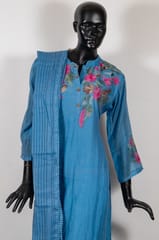 Sky Blue Color Mal Chanderi Kantha Embroidered Shirt with Shantoon Pant and Kota Doria Dupatta