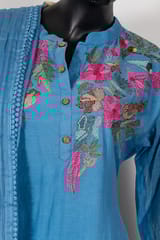 Sky Blue Color Mal Chanderi Kantha Embroidered Shirt with Shantoon Pant and Kota Doria Dupatta