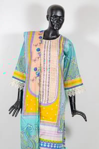 Firozi Color Cotton Print with Embroidered Shirt with Cotton Pant and Cotton Printed Dupatta
